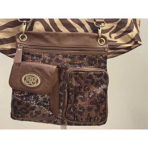Sharif Women's Sequined Leopard Print Crossbody Handbag With Dust Bag Brown - Picture 3 of 9
